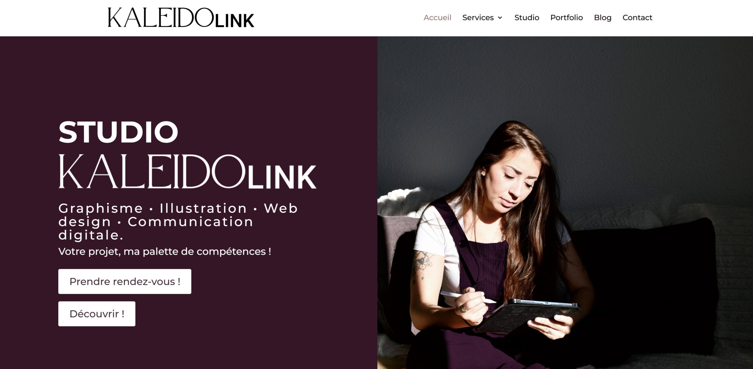 Studio-kaleidolink-landing-page-site-vitrine-graphiste-illustratrice-webdesigner-assistante-de-communication