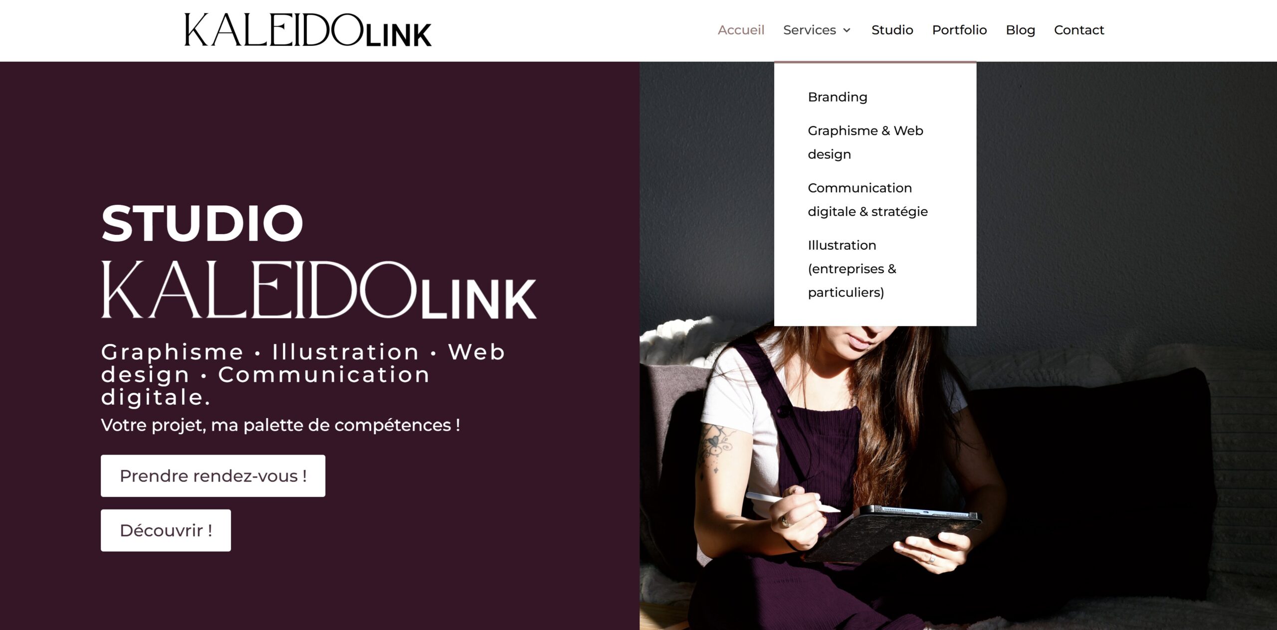 Studio-kaleidolink-landing-page-site-vitrine-graphiste-illustratrice-webdesigner-assistante-de-communication